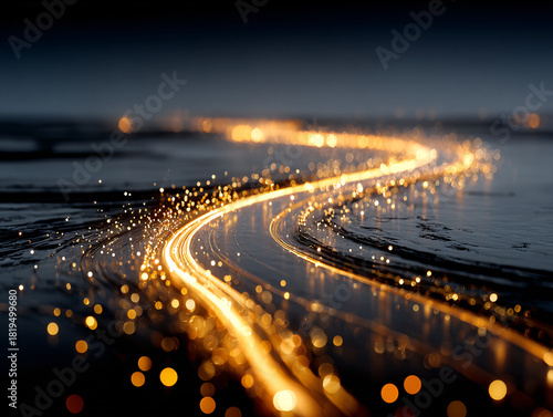 winding path of light, possibly representing a road or a track, surrounded by a dark, starry night sky with scattered lights