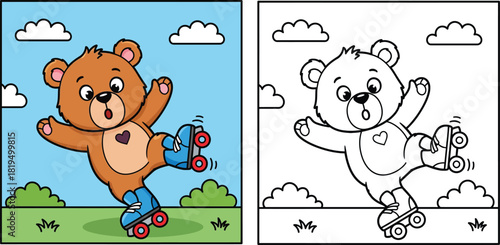 Cute cartoon bear on roller skates coloring book page with colored example vector illustration for kids