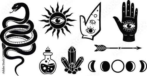 Mystic occult symbols with snake sun crystals hand and arrows vector illustration in black and white 