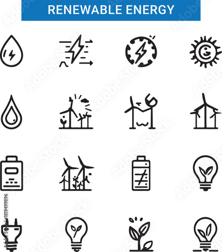 Renewable energy icon set with sunlight, wind, water, fossil fuel, oil, gas, coal, air pollution, solar and panel.
