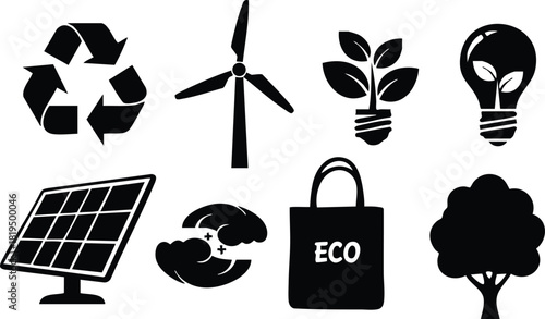 Eco friendly sustainable energy and environmental protection icons with recycle and earth symbols vector 
