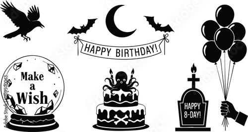 Halloween birthday celebration elements with spooky crow, bats, crescent moon, cake, balloons, and greeting banner vector illustration 