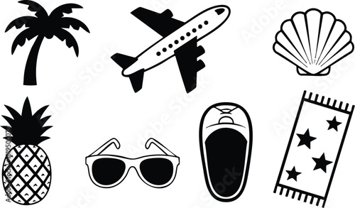 Tropical summer holiday icons with palm tree pineapple airplane sunglasses flip flop and beach towel vector set 