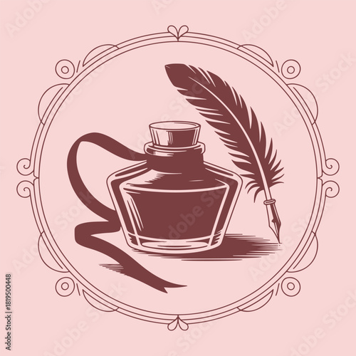 Sepia toned inkwell and quill pen inside a decorative circular frame writing vintage