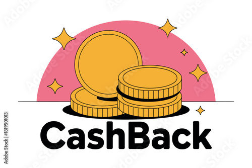 Cashback offer with stacked golden coins and sparkling stars illustration.
