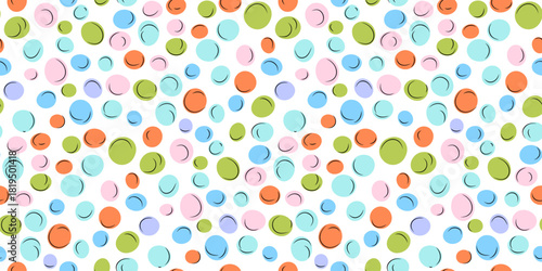 Colorful polka dots with random green, lavender, blue, orange, pink pastel color circles cheerful, celebration, party and  background design. Vector illustration 