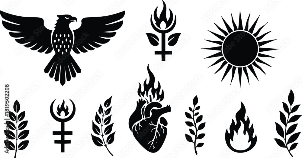 Obraz premium Black silhouette collection of flaming heart, eagle, sun, and plant symbols in vector illustration 