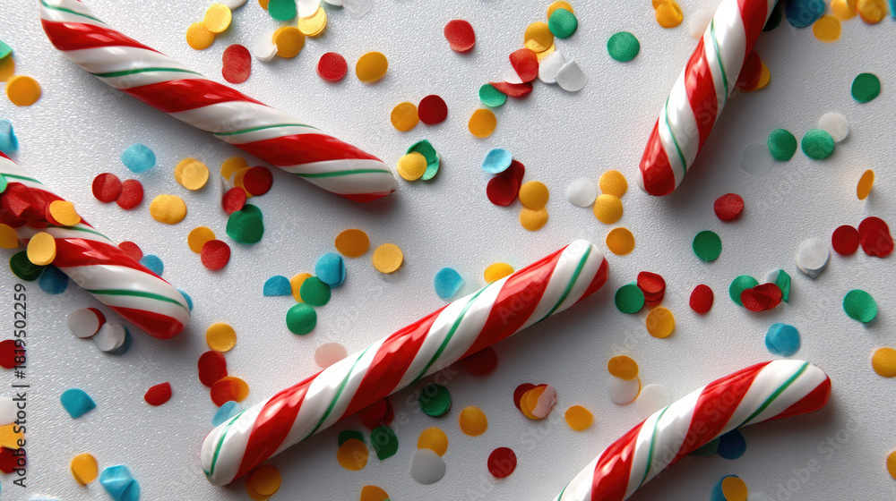 Obraz premium Candy cane confetti red white green sweet festive holiday celebration scattered joyful scene with candy cane and colorful confetti white background