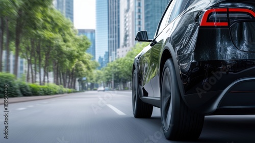 Black luxury car on urban road with skyscrapers in sunny city setting