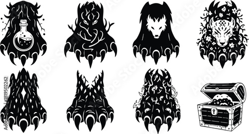 Bear claw marks with wild animal silhouettes and treasure chest vector design for adventure and nature themes 