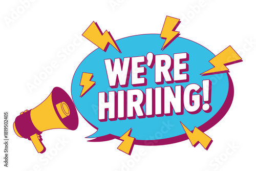 A megaphone announces 'We're Hiring!' with lightning bolt graphics.