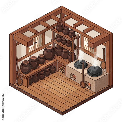 Isometric Cartoon Illustration of a Traditional Korean Kitchen Interior