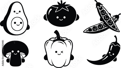 Cute cartoon vegetables with happy faces avocado tomato peas mushroom bell pepper chili pepper vector illustration 