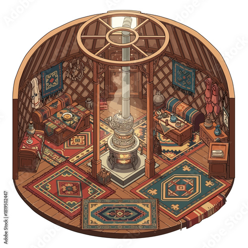 Isometric depiction of a cozy, furnished yurt interior with central stove