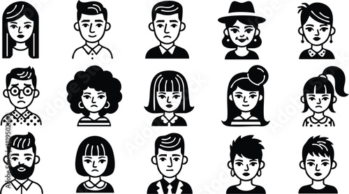 Diverse male and female avatar icons set with different hairstyles and facial features for digital profiles and social media use 