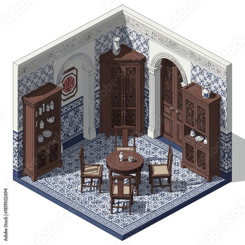 Isometric illustration of a stylized room inspired by asian design