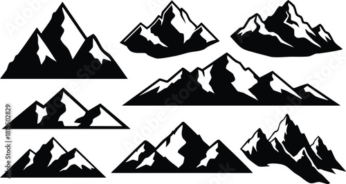 Mountain silhouettes collection with black and white vector shapes for outdoor and nature design projects 