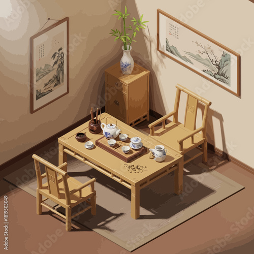 Isometric illustration of traditional east asian tea room with tea setting
