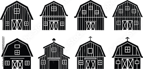 Set of farm barn buildings vector illustration with various roof styles and window designs for rural architecture concepts 