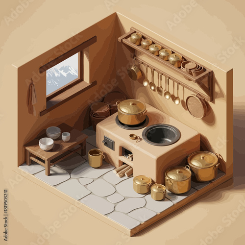 Isometric kitchen with rustic oven and mountain view from the window