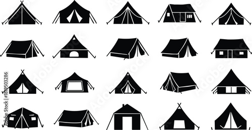Camping tents various shapes and styles black silhouette vector illustration set outdoors gear equipment 