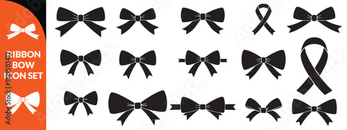 Ribbon bow icon set, vector coquettish cute knot, romantic love doodle vintage accessory collection. Holiday gift decoration silhouette, birthday elegant design element. Feminine Valentine ribbon bow 