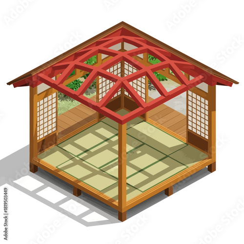 Isometric vector of a traditional Japanese teahouse or garden pavilion