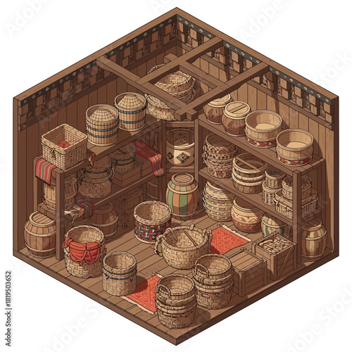 Isometric view of a wooden storage room with baskets and pottery wares