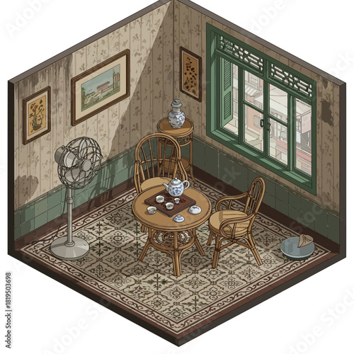 Quaint Isometric Room with Tea Setting, Vintage Decor and Cultural Ambiance