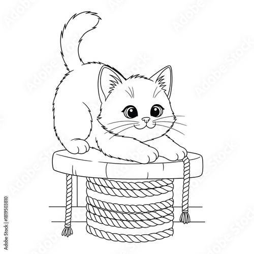 Adorable kitten playing on a rope scratching post, a charming black and white line drawing for children's coloring pages