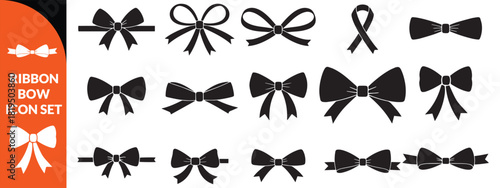 Ribbon bow icon set, vector coquettish cute knot, romantic love doodle vintage accessory collection. Holiday gift decoration silhouette, birthday elegant design element. Feminine Valentine ribbon bow 