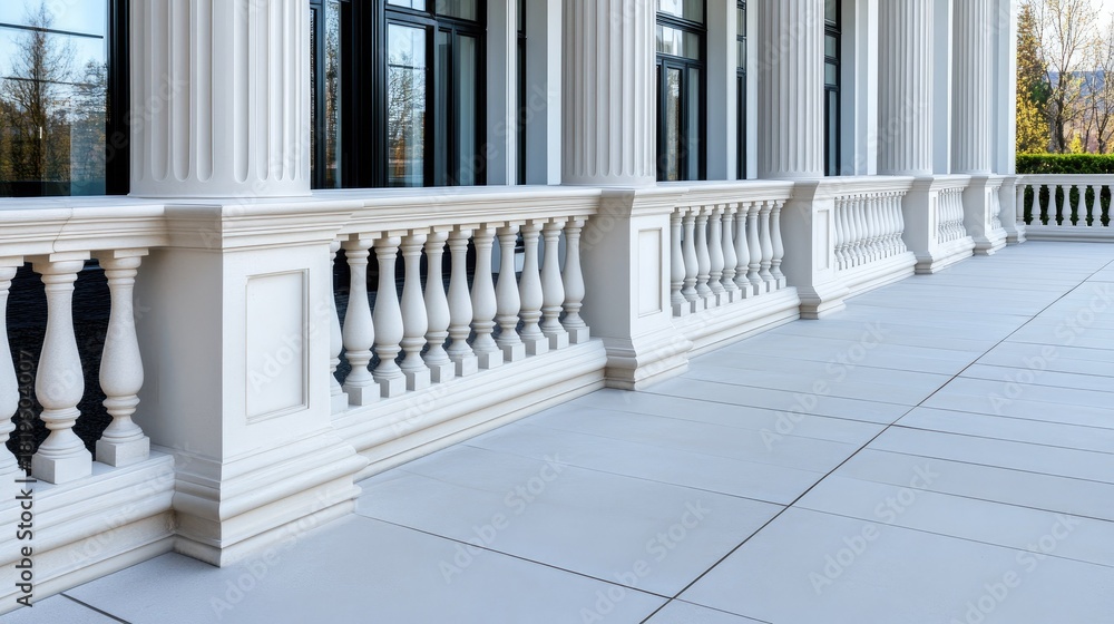 Naklejka premium Elegant stone balustrade along a spacious terrace of a classic architectural building in a serene outdoor setting during daytime