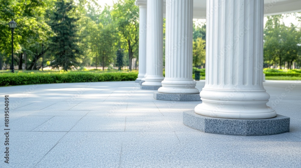 Naklejka premium Majestic white columns support an elegant canopy in a peaceful park with lush greenery during a sunny day