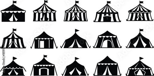 Circus tent silhouettes set with striped and pointed roof designs in black vector illustration 