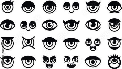 Collection of black stylized cartoon eyes in various expressions and shapes vector illustration 