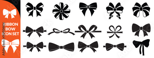 Ribbon bow icon set, vector coquettish cute knot, romantic love doodle vintage accessory collection. Holiday gift decoration silhouette, birthday elegant design element. Feminine Valentine ribbon bow 