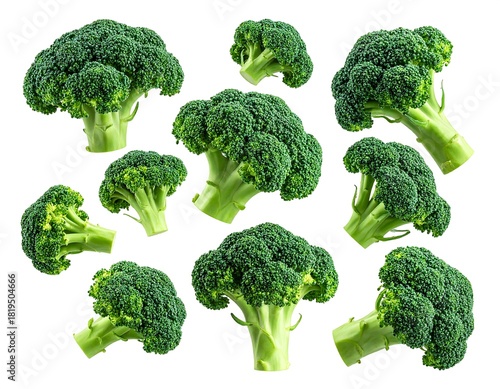 Several fresh, green florets of broccoli arranged in varied angles