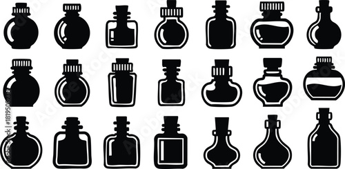 Collection of black silhouette ink bottle vector illustrations with various shapes and caps for graphic design and artistic projects 