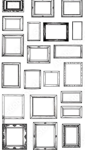 Several ornate picture frames of varying styles, lined up against white