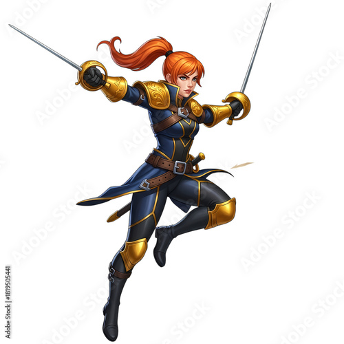 Fierce warrior woman with red hair wielding swords in a dynamic action pose art on transparent background