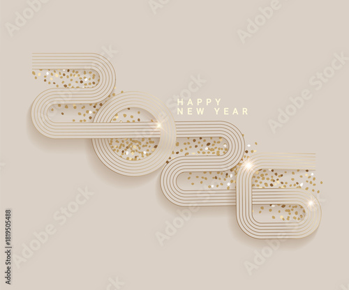 Elegant golden greeting card for 2026 New Year. Numbers from golden lines, confetti and shimmer. Luxury template for invitations, posters, flyers, banners, web. Premium vector design for New Year.