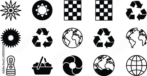 Collection of black recycling and environmental icons with globe and sun symbols in vector format for eco friendly concepts 