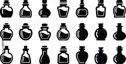 Collection of black silhouette vintage perfume bottles vector illustration with various shapes and stoppers for design and decoration 