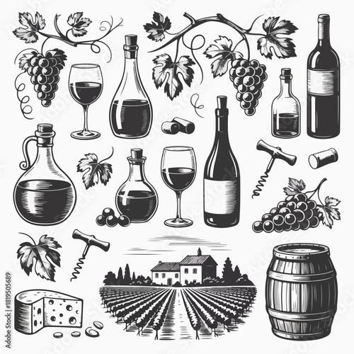 Vintage Engraving-Style Monochrome Wine & Viticulture Illustration Set