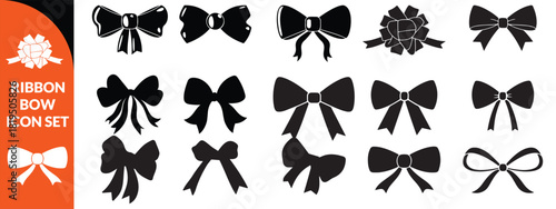 Ribbon bow icon set, vector coquettish cute knot, romantic love doodle vintage accessory collection. Holiday gift decoration silhouette, birthday elegant design element. Feminine Valentine ribbon bow 