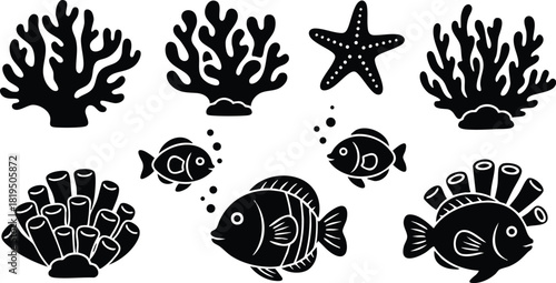 Marine life silhouette vector of coral reef fish starfish and coral shapes in black on white background 