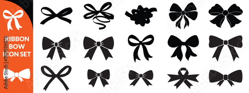 Ribbon bow icon set, vector coquettish cute knot, romantic love doodle vintage accessory collection. Holiday gift decoration silhouette, birthday elegant design element. Feminine Valentine ribbon bow 
