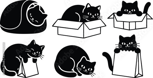 Black Cat Silhouettes in Boxes and Bags Vector Illustration Showing Playful Pets in Various Poses 