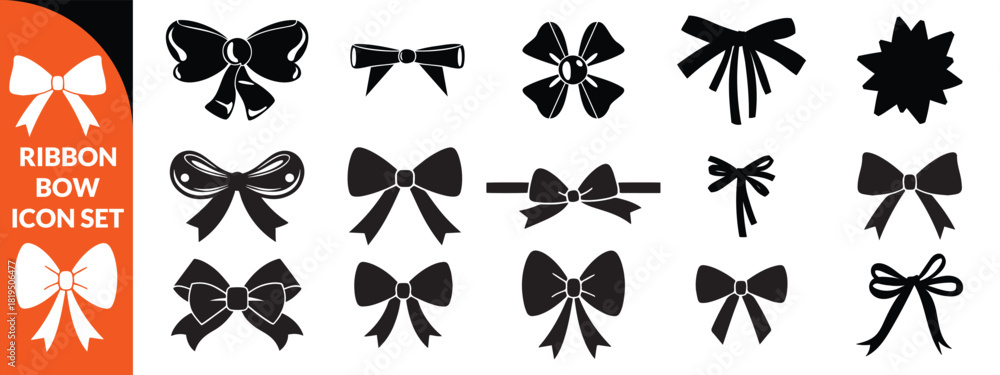 Fototapeta premium Ribbon bow icon set, vector coquettish cute knot, romantic love doodle vintage accessory collection. Holiday gift decoration silhouette, birthday elegant design element. Feminine Valentine ribbon bow 