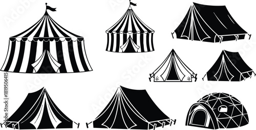 Collection of Black and White Camping and Circus Tents Silhouettes in Various Shapes and Styles 